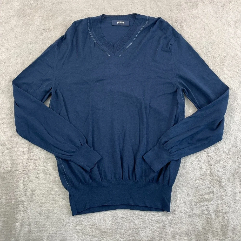 Vilebrequin Collection 100% Merino Wool V Neck Sweater Men Medium Navy Blue $485